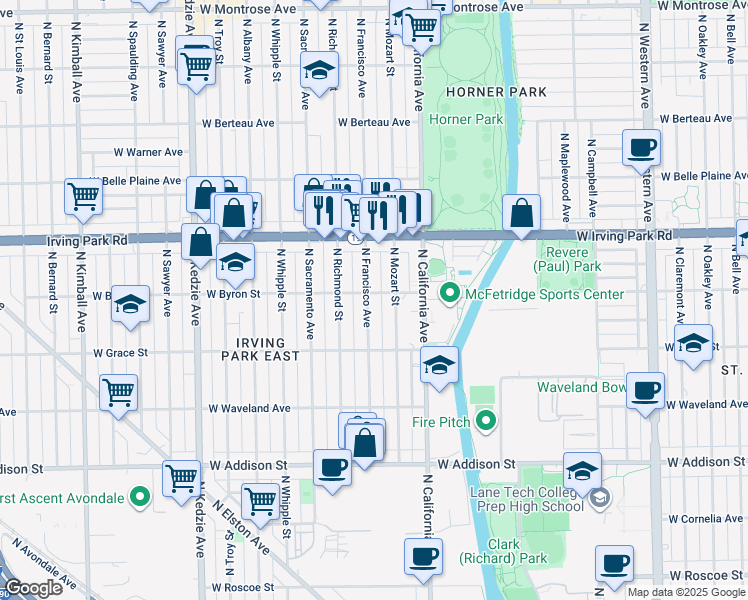 map of restaurants, bars, coffee shops, grocery stores, and more near 3855 North Francisco Avenue in Chicago