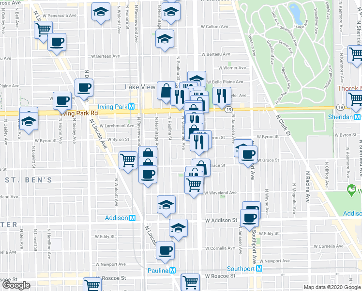 map of restaurants, bars, coffee shops, grocery stores, and more near 3844 North Marshfield Avenue in Chicago
