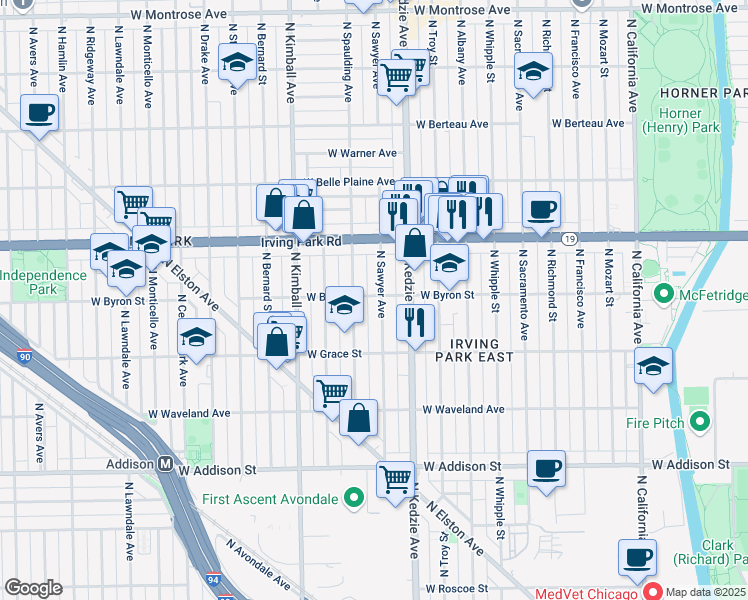 map of restaurants, bars, coffee shops, grocery stores, and more near 3858 North Sawyer Avenue in Chicago