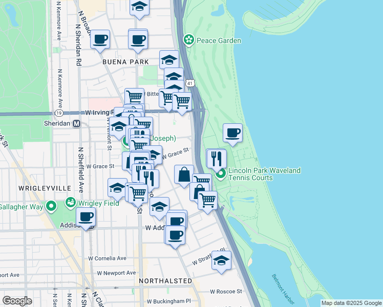 map of restaurants, bars, coffee shops, grocery stores, and more near 3754 North Lake Shore Drive in Chicago