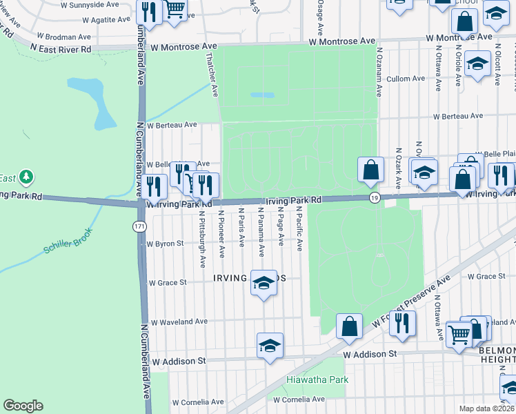 map of restaurants, bars, coffee shops, grocery stores, and more near 8101 Irving Park Road in Chicago