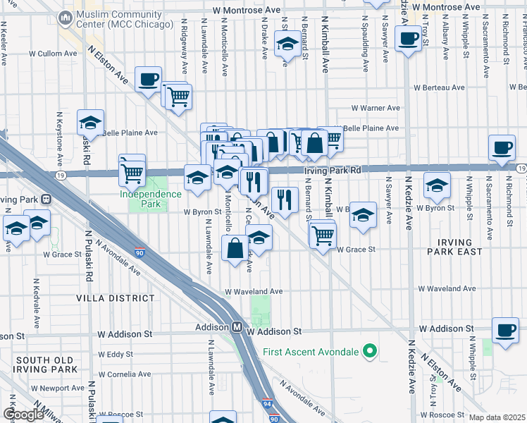 map of restaurants, bars, coffee shops, grocery stores, and more near 3910 North Elston Avenue in Chicago