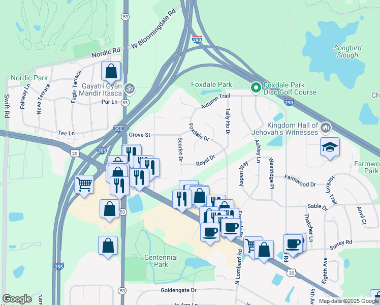 map of restaurants, bars, coffee shops, grocery stores, and more near 1312 Saddle Row in Addison