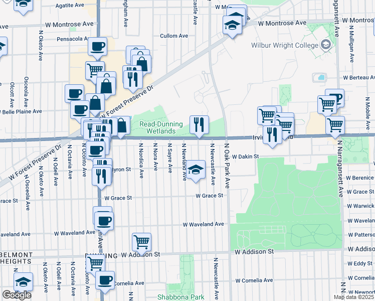 map of restaurants, bars, coffee shops, grocery stores, and more near 3937 North Newland Avenue in Chicago