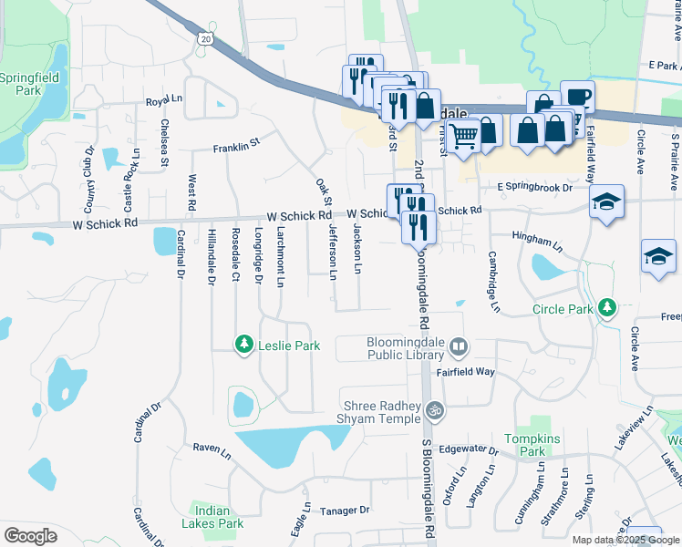 map of restaurants, bars, coffee shops, grocery stores, and more near 173 Jefferson Ln in Bloomingdale