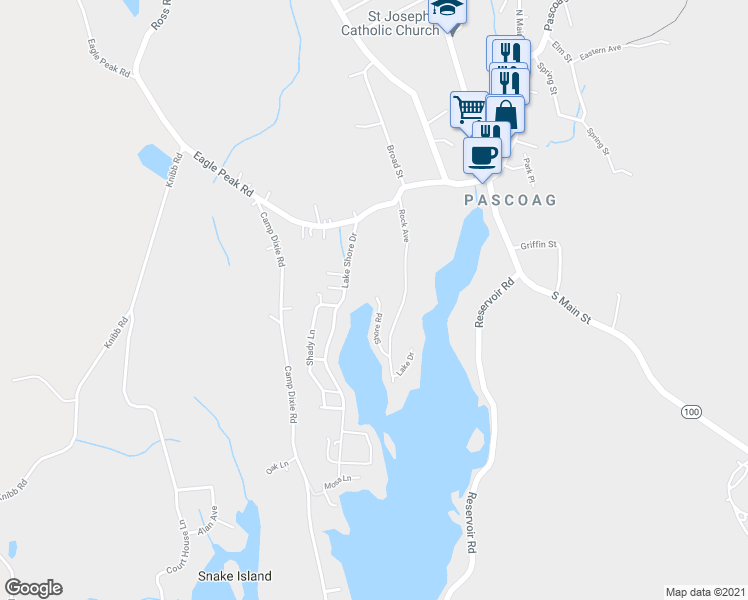 map of restaurants, bars, coffee shops, grocery stores, and more near 82 Shore Road in Burrillville