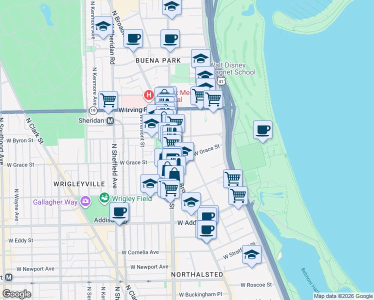 map of restaurants, bars, coffee shops, grocery stores, and more near 3808 North Pine Grove Avenue in Chicago