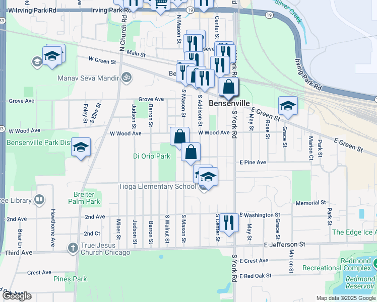 map of restaurants, bars, coffee shops, grocery stores, and more near 231 South Mason Street in Bensenville