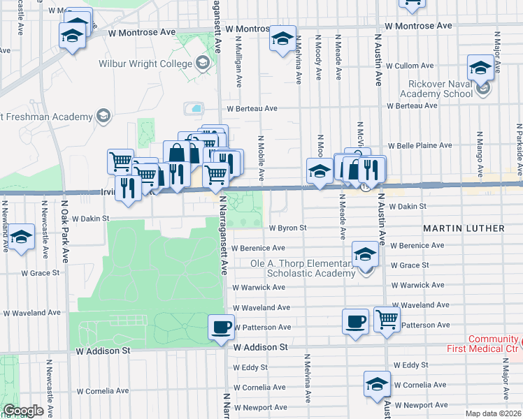 map of restaurants, bars, coffee shops, grocery stores, and more near 6549 Irving Park Road in Chicago