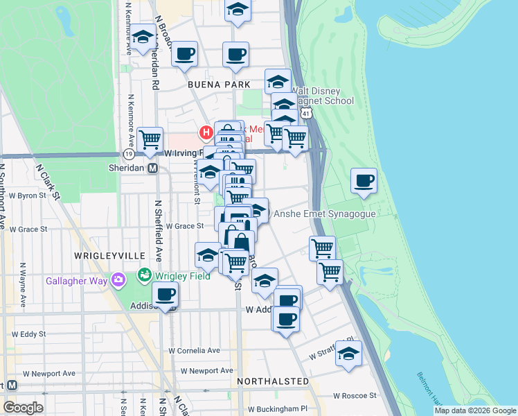 map of restaurants, bars, coffee shops, grocery stores, and more near 3808 North Pine Grove Avenue in Chicago