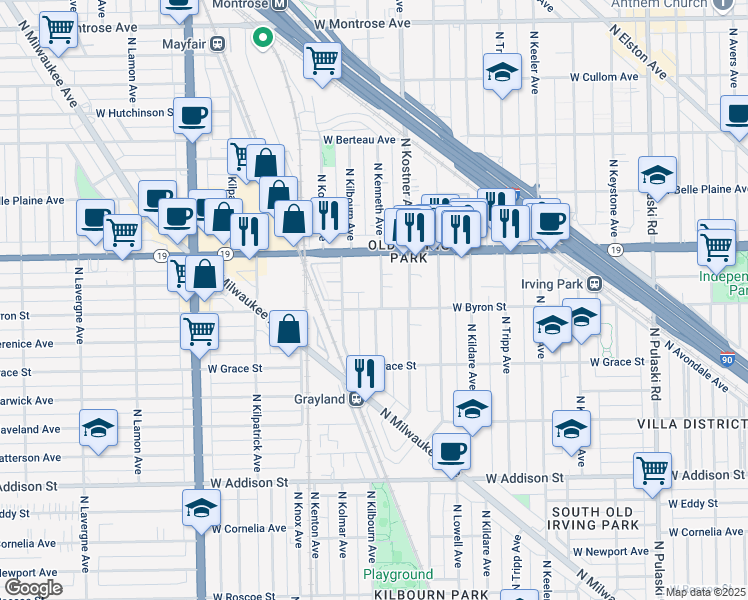 map of restaurants, bars, coffee shops, grocery stores, and more near 3906 North Kenneth Avenue in Chicago