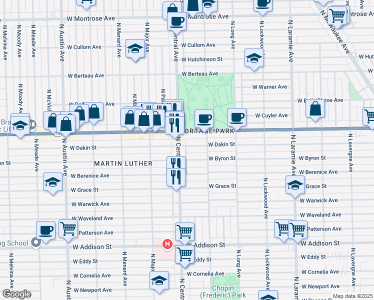 map of restaurants, bars, coffee shops, grocery stores, and more near 3942 North Central Avenue in Chicago