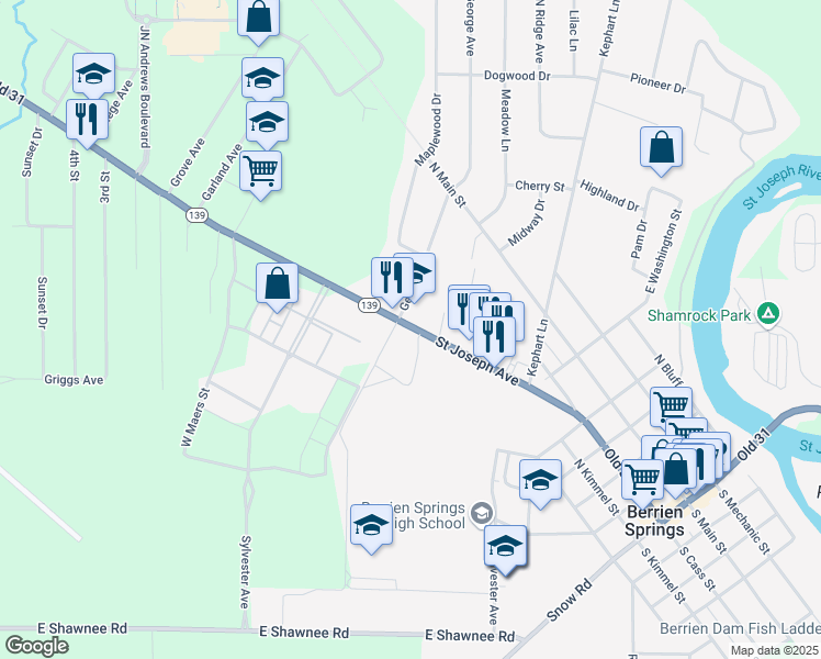 map of restaurants, bars, coffee shops, grocery stores, and more near 711 Saint Joseph Avenue in Berrien Springs