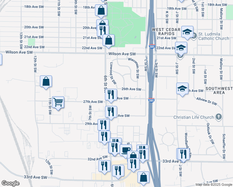 map of restaurants, bars, coffee shops, grocery stores, and more near 432 27th Avenue Southwest in Cedar Rapids