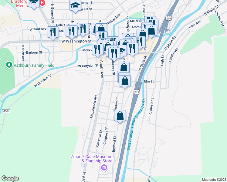 map of restaurants, bars, coffee shops, grocery stores, and more near 111 Congress Street in Bradford