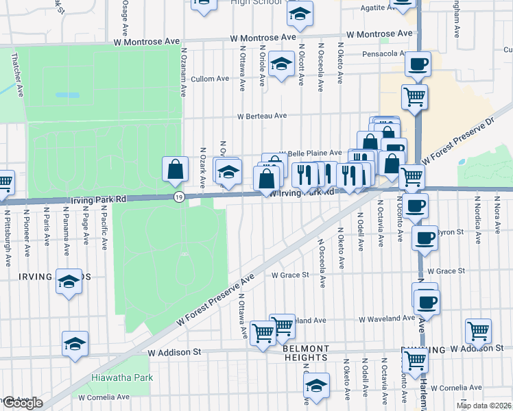 map of restaurants, bars, coffee shops, grocery stores, and more near 3942 North Oriole Avenue in Chicago