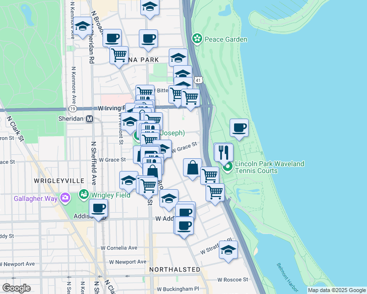 map of restaurants, bars, coffee shops, grocery stores, and more near 635w West Grace Street in Chicago
