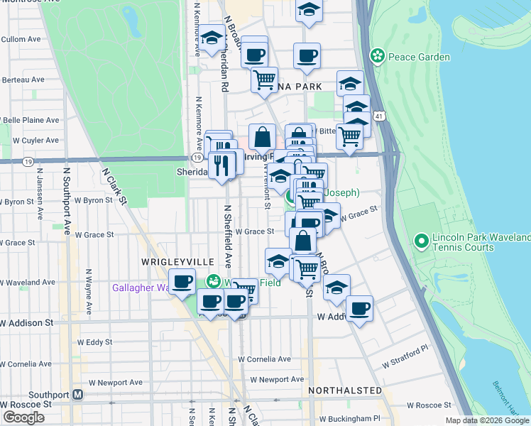 map of restaurants, bars, coffee shops, grocery stores, and more near 3824 North Fremont Street in Chicago