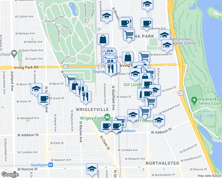 map of restaurants, bars, coffee shops, grocery stores, and more near 1017 West Byron Street in Chicago