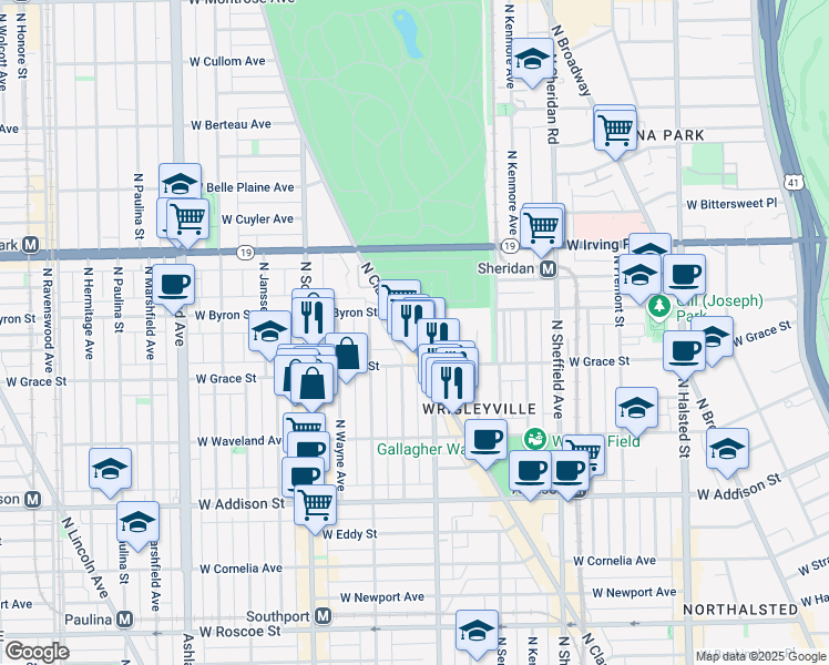 map of restaurants, bars, coffee shops, grocery stores, and more near 3833 North Clark Street in Chicago