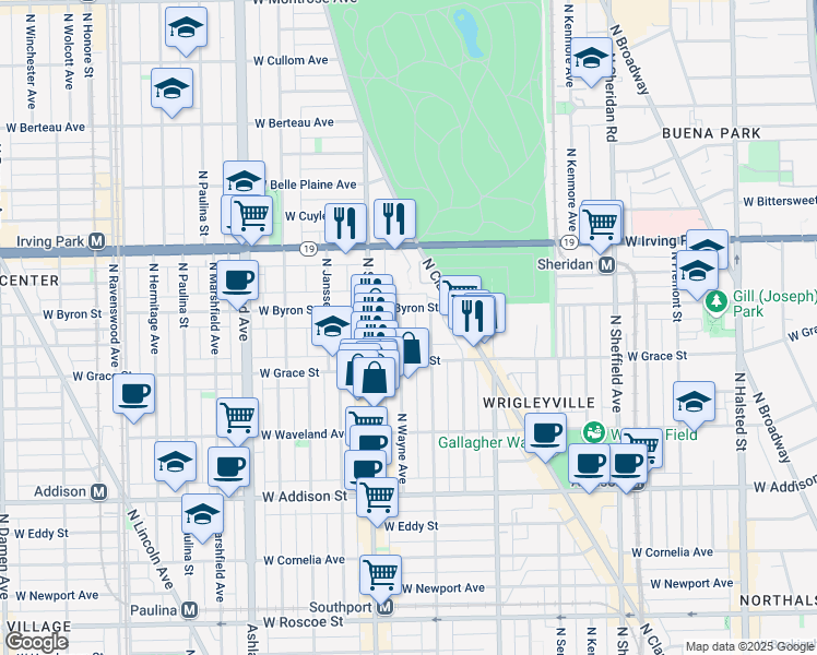 map of restaurants, bars, coffee shops, grocery stores, and more near 3832 North Wayne Avenue in Chicago