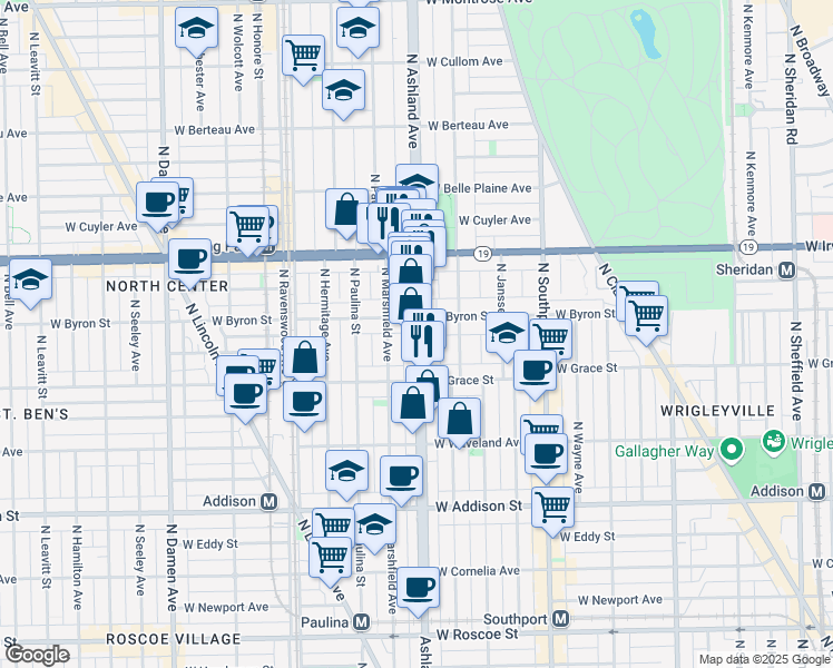 map of restaurants, bars, coffee shops, grocery stores, and more near 3840 North Ashland Avenue in Chicago