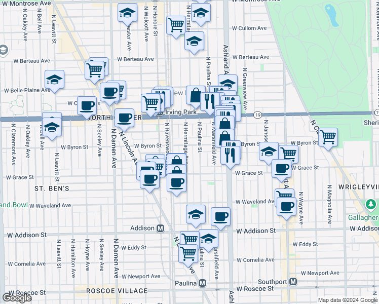 map of restaurants, bars, coffee shops, grocery stores, and more near 3844 North Paulina Street in Chicago