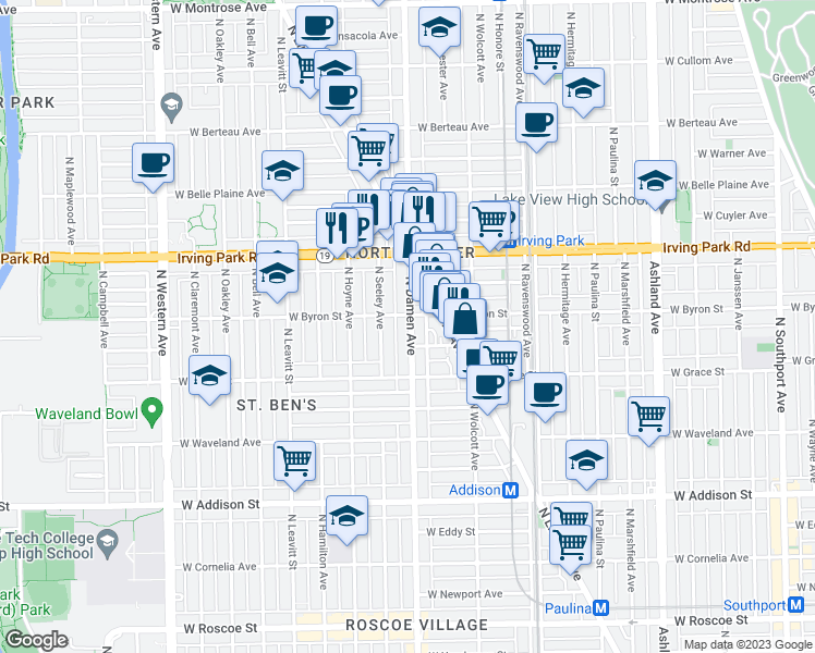 map of restaurants, bars, coffee shops, grocery stores, and more near 3850 North Damen Avenue in Chicago
