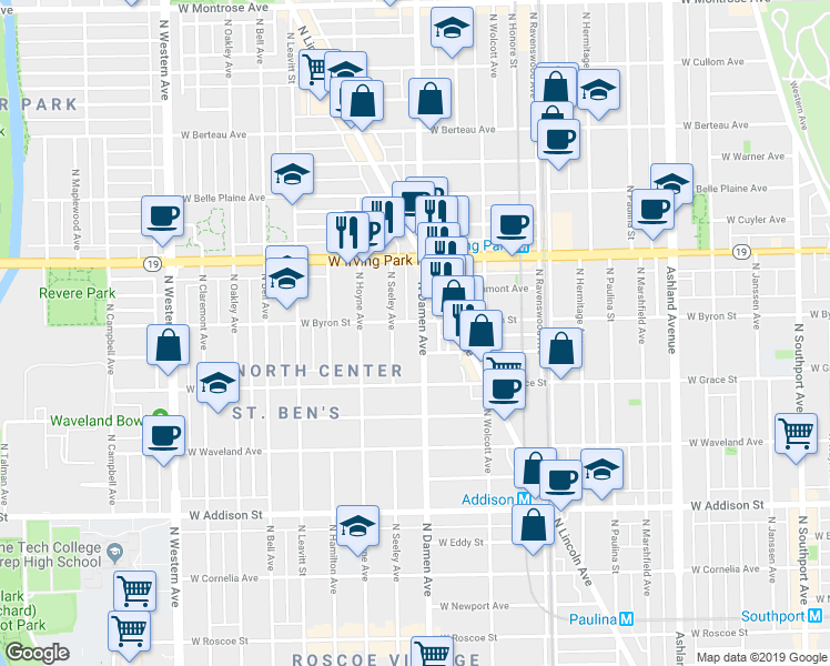 map of restaurants, bars, coffee shops, grocery stores, and more near 3849 North Seeley Avenue in Chicago