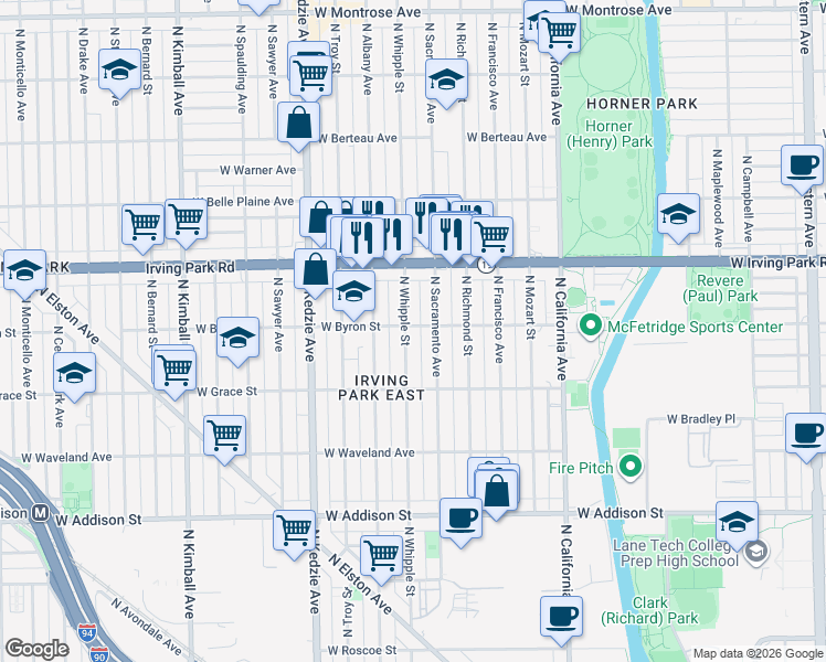 map of restaurants, bars, coffee shops, grocery stores, and more near 3856 North Sacramento Avenue in Chicago
