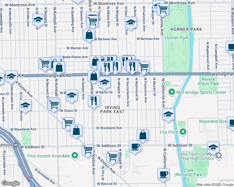 map of restaurants, bars, coffee shops, grocery stores, and more near 3859 North Albany Avenue in Chicago