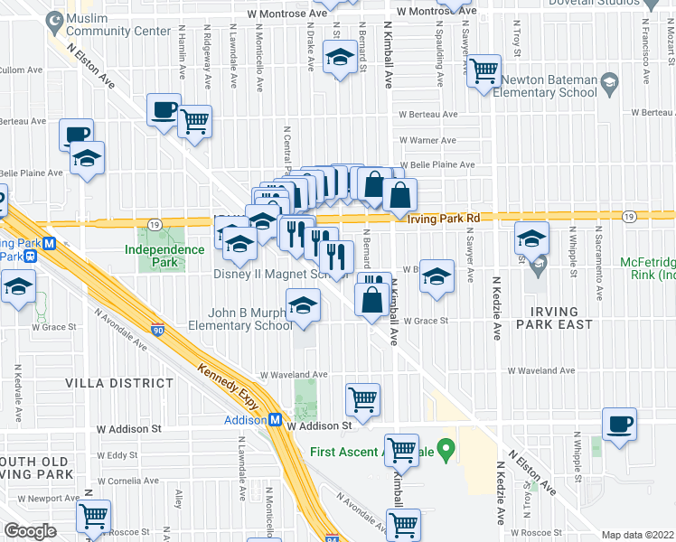 map of restaurants, bars, coffee shops, grocery stores, and more near 3860 North Saint Louis Avenue in Chicago