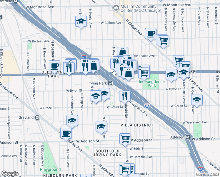 map of restaurants, bars, coffee shops, grocery stores, and more near 4130 West Byron Street in Chicago