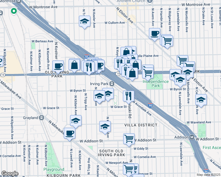map of restaurants, bars, coffee shops, grocery stores, and more near 4130 West Byron Street in Chicago