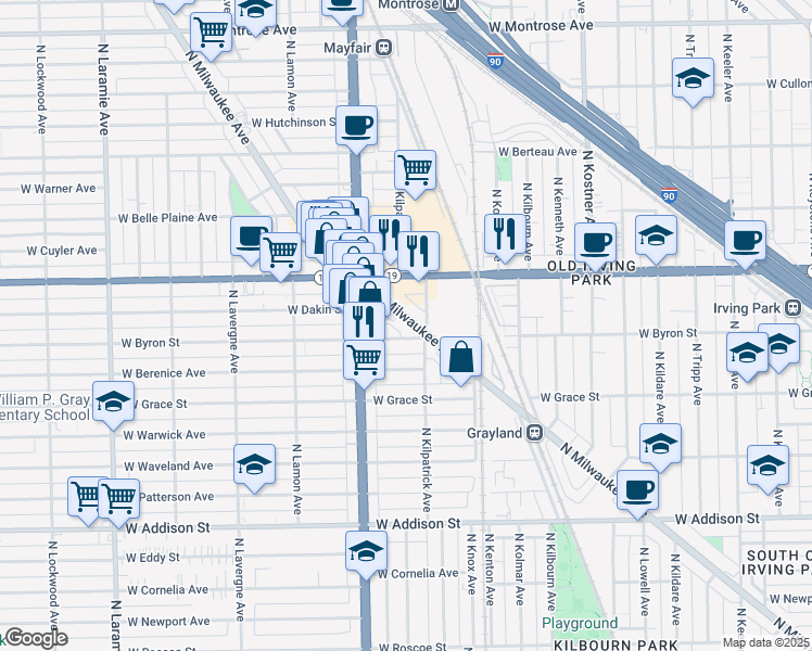 map of restaurants, bars, coffee shops, grocery stores, and more near 3930 North Milwaukee Avenue in Chicago