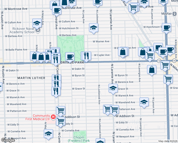 map of restaurants, bars, coffee shops, grocery stores, and more near 3919 North Long Avenue in Chicago