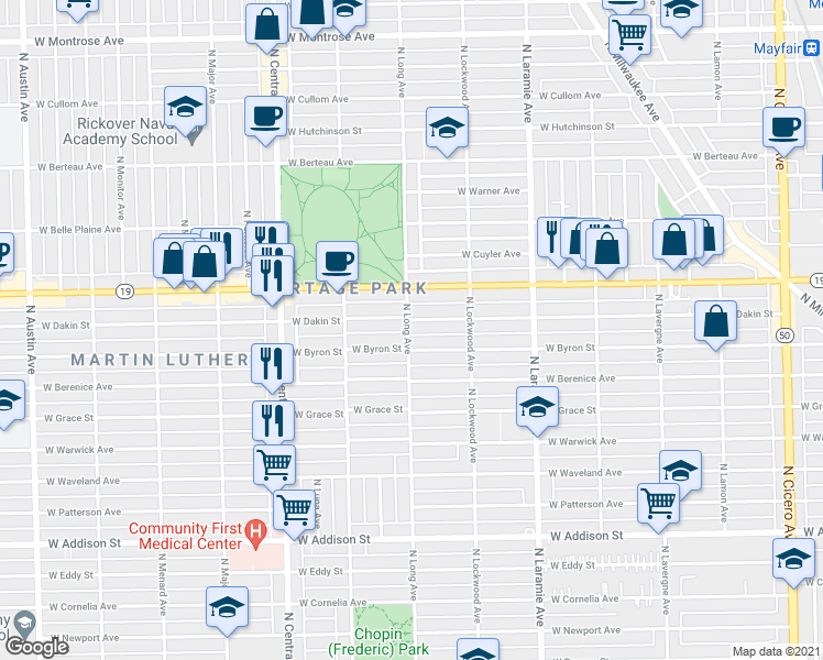map of restaurants, bars, coffee shops, grocery stores, and more near 3919 North Long Avenue in Chicago