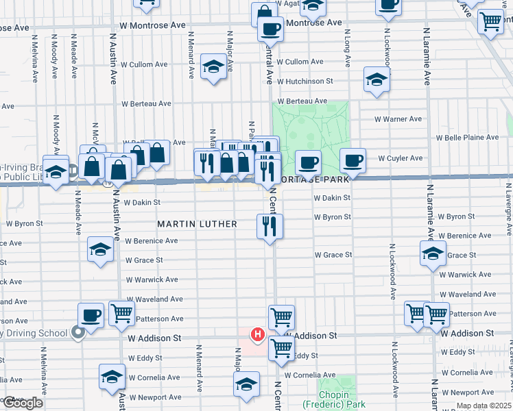 map of restaurants, bars, coffee shops, grocery stores, and more near 5625 West Dakin Street in Chicago
