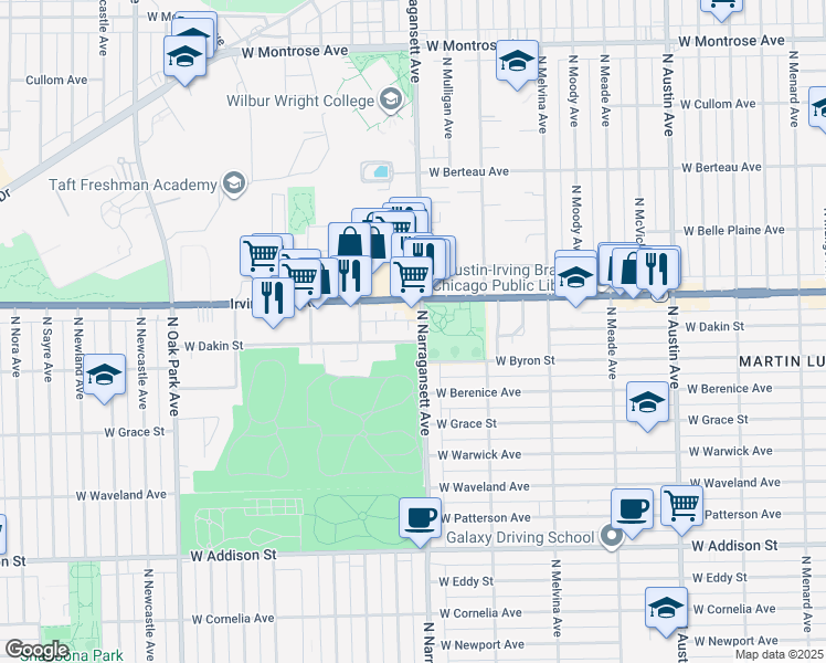 map of restaurants, bars, coffee shops, grocery stores, and more near 6422 West Dakin Street in Chicago