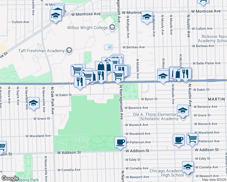 map of restaurants, bars, coffee shops, grocery stores, and more near 6422 West Dakin Street in Chicago