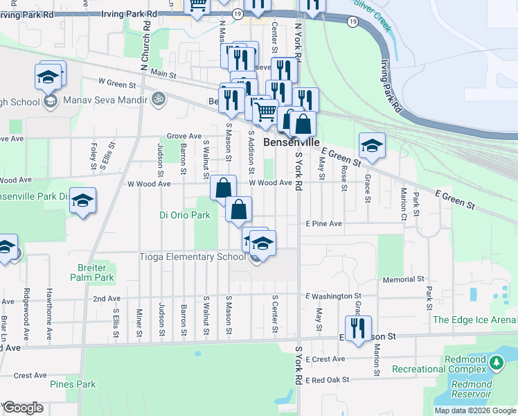 map of restaurants, bars, coffee shops, grocery stores, and more near 231 South Addison Street in Bensenville