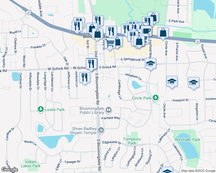 map of restaurants, bars, coffee shops, grocery stores, and more near 159 South Bloomingdale Road in Bloomingdale