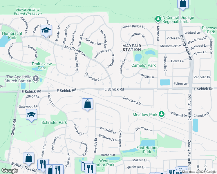 map of restaurants, bars, coffee shops, grocery stores, and more near 4603 Mayflower Lane in Bartlett