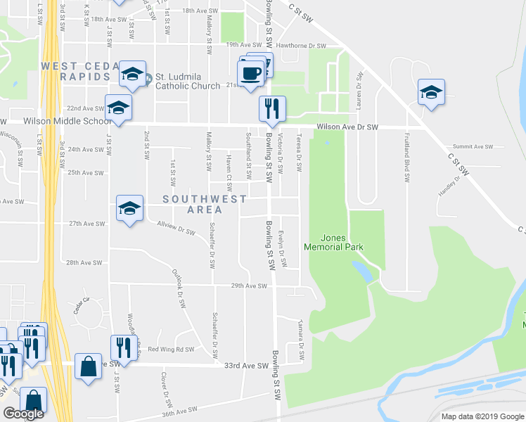 map of restaurants, bars, coffee shops, grocery stores, and more near in Cedar Rapids
