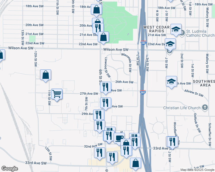 map of restaurants, bars, coffee shops, grocery stores, and more near 432 27th Avenue Southwest in Cedar Rapids