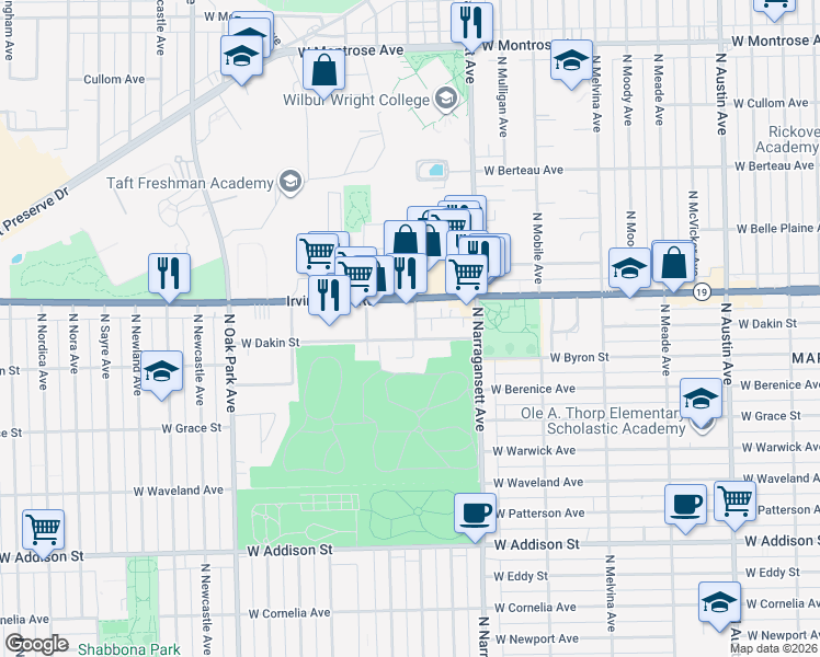 map of restaurants, bars, coffee shops, grocery stores, and more near 6502 West Dakin Street in Chicago