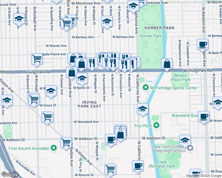 map of restaurants, bars, coffee shops, grocery stores, and more near 2935 West Byron Street in Chicago