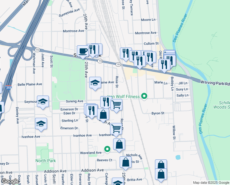 map of restaurants, bars, coffee shops, grocery stores, and more near 4021 Prairie Avenue in Schiller Park