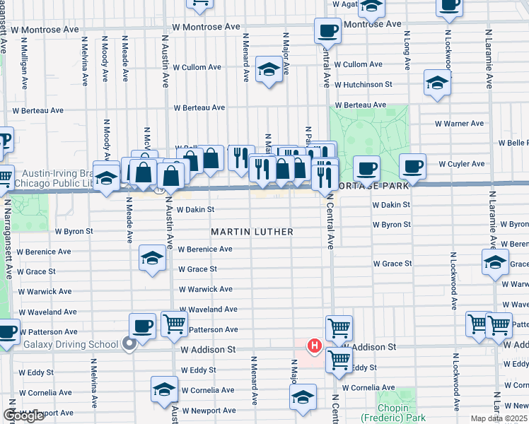 map of restaurants, bars, coffee shops, grocery stores, and more near 5739 West Dakin Street in Chicago