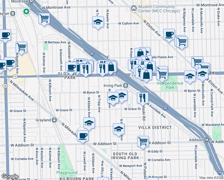 map of restaurants, bars, coffee shops, grocery stores, and more near 3905 North Keeler Avenue in Chicago